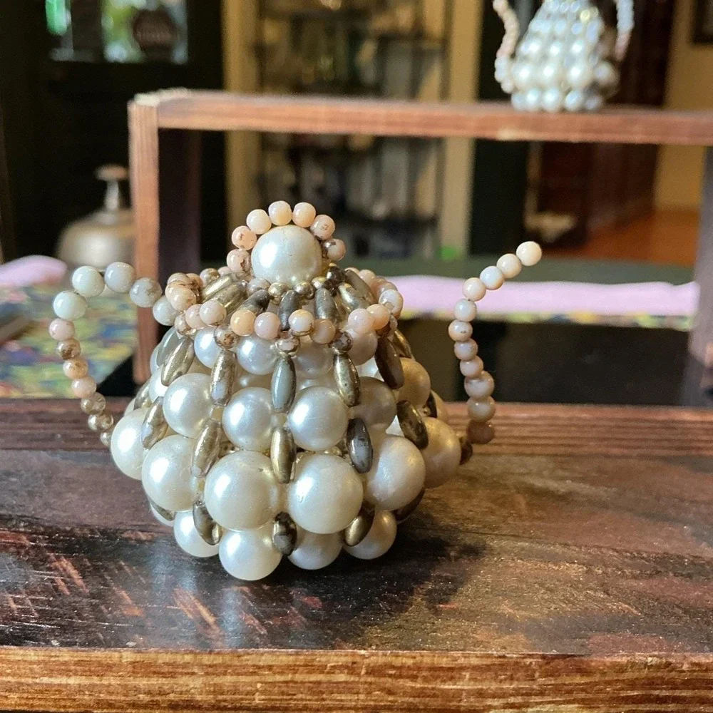 Vintage Hand-Beaded Faux Pearl Miniature Tea Set 4pc – Silver & Pink Decor